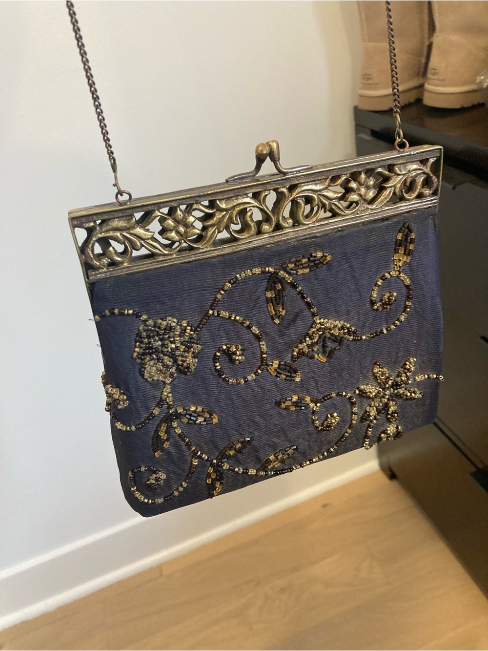 Lancome Vintage Black Beaded Evening Clutch/Crossbody Bag with Gold Accents